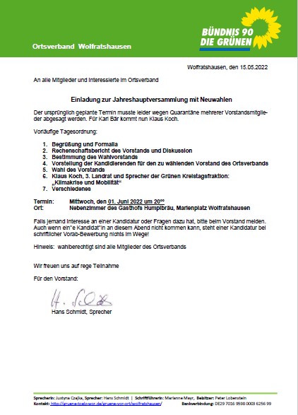Jahreshauptversammlung des Ortsverbands mit Neuwahlen am 1. Juni um 20°° im Humplbräu