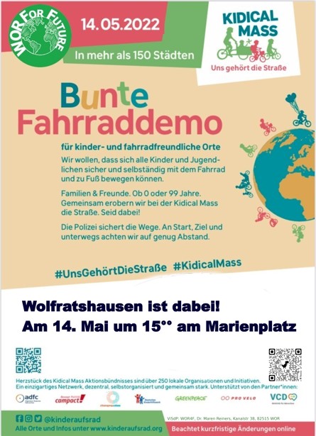 Unterstützung für Kidical Mass-Raddemo am Samstag, 14.05.2022 um 15°°, Start Marienplatz
