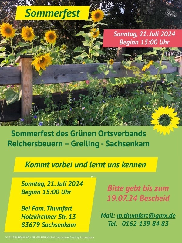 Einladung zum Sommerfest des Grünen Ortsverbands Reichersbeuern-Greiling-Sachsenkam